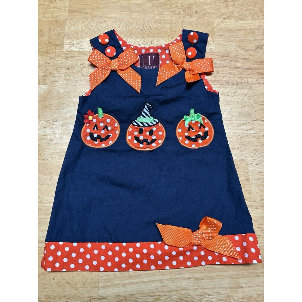 Lil Cactus 3 Pumpkins Halloween Cute 3-6 Months Dress With Bows